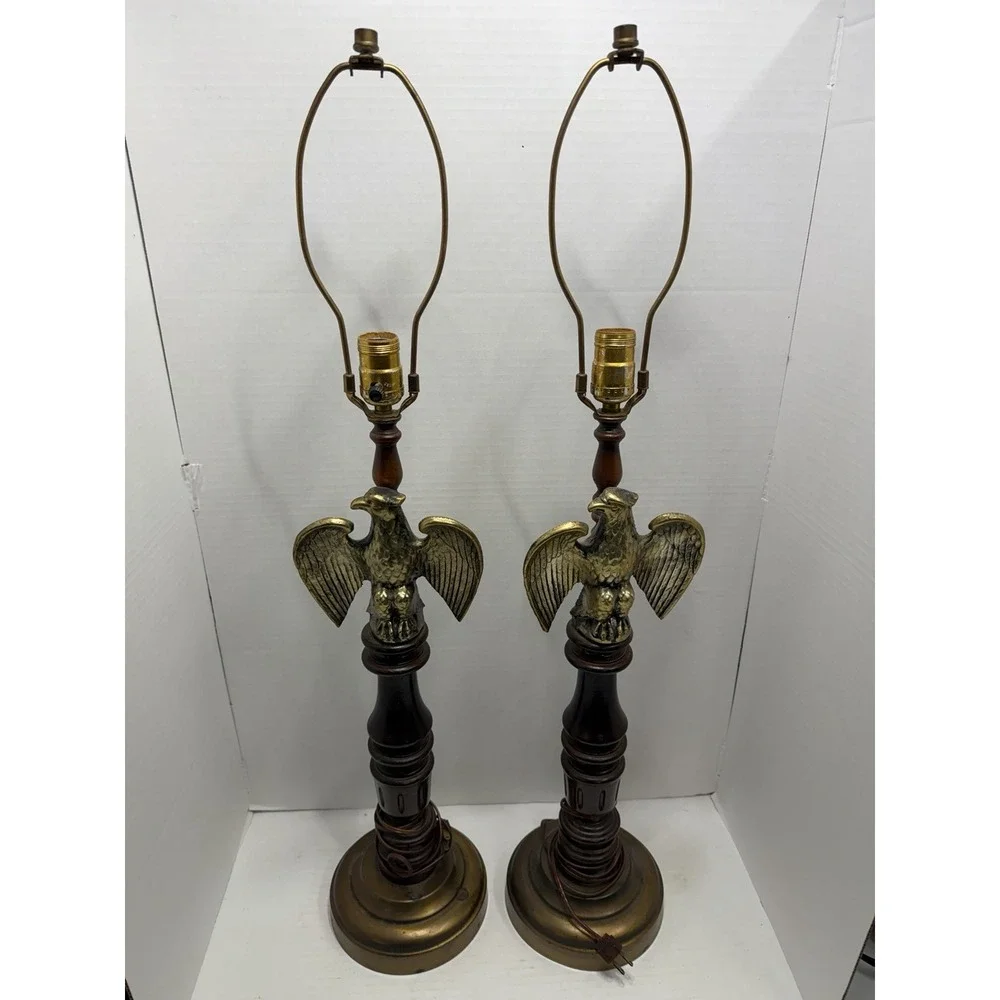 Vintage Set Federal Bald Eagle Table Lamps Wood Metal Patriotic 32 In Americana